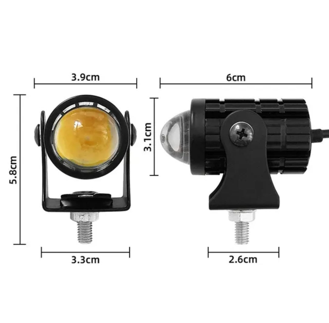PAR EXPLORADORAS PREMIUM MINI DRIVING DUAL COLOR + SUICHE CARRO Y MOTO LUZ BLANCA Y AMARILLA