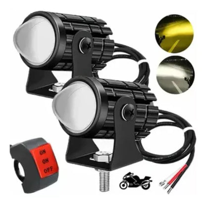 PAR EXPLORADORAS PREMIUM MINI DRIVING DUAL COLOR + SUICHE CARRO Y MOTO LUZ BLANCA Y AMARILLA