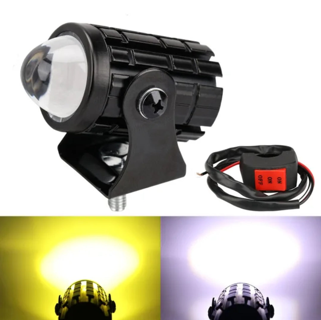PAR EXPLORADORAS PREMIUM MINI DRIVING DUAL COLOR + SUICHE CARRO Y MOTO LUZ BLANCA Y AMARILLA