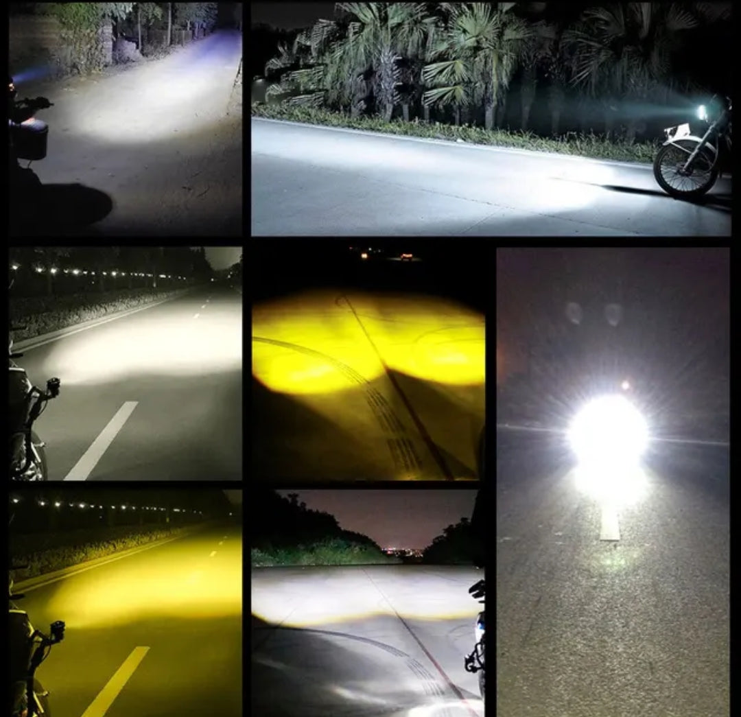 PAR EXPLORADORAS PREMIUM MINI DRIVING DUAL COLOR + SUICHE CARRO Y MOTO LUZ BLANCA Y AMARILLA